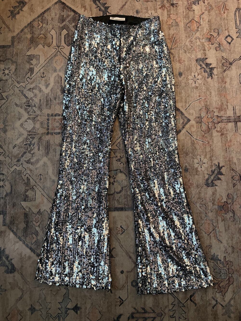 No Boundaries Womens S 4-6 Sequin Flare Pants Black Silver High Rise Party